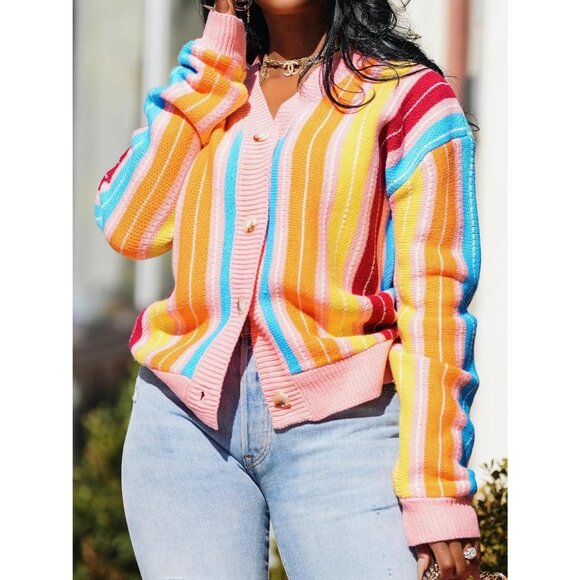 Women's Rainbow Striped Long Sleeve V Neck Loose Button Sweater Coat - Picture 4 of 6